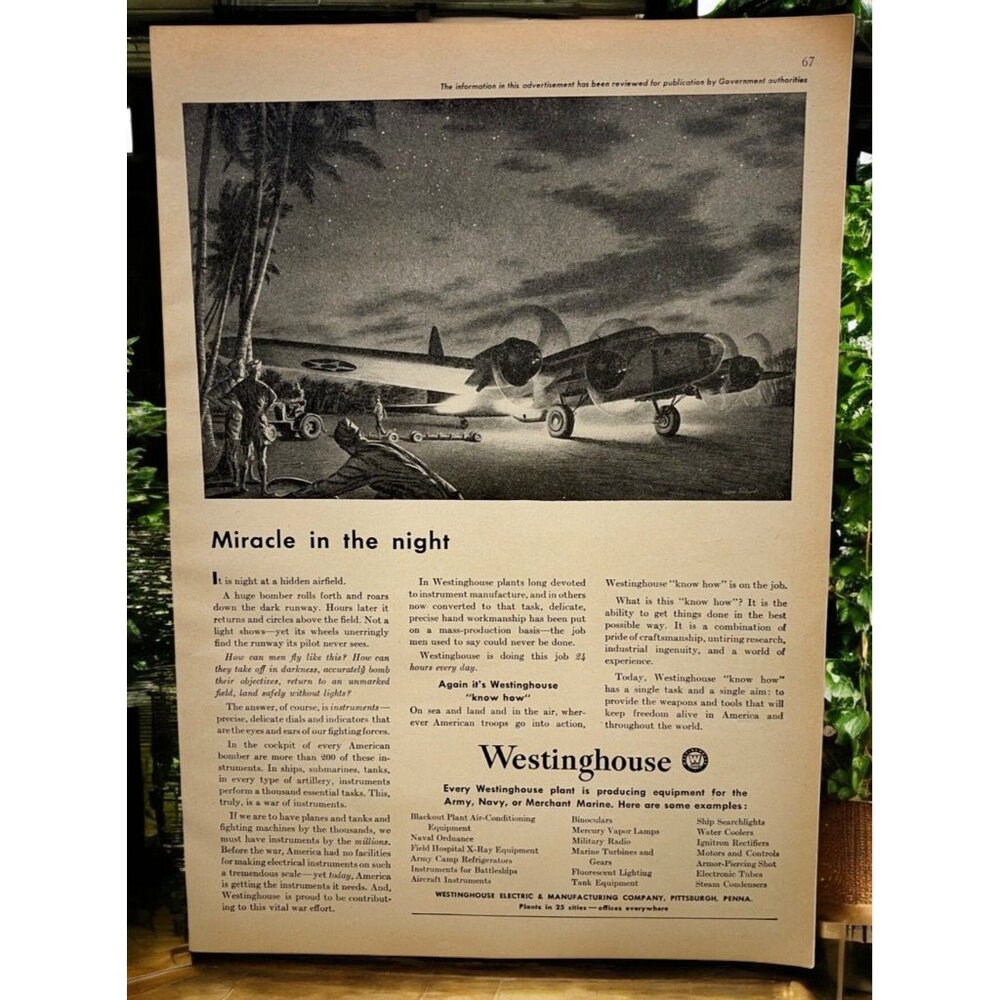Westinghouse Vintage Print Ad 1940s WWII Bomber Plane Miracle Airfield at Night